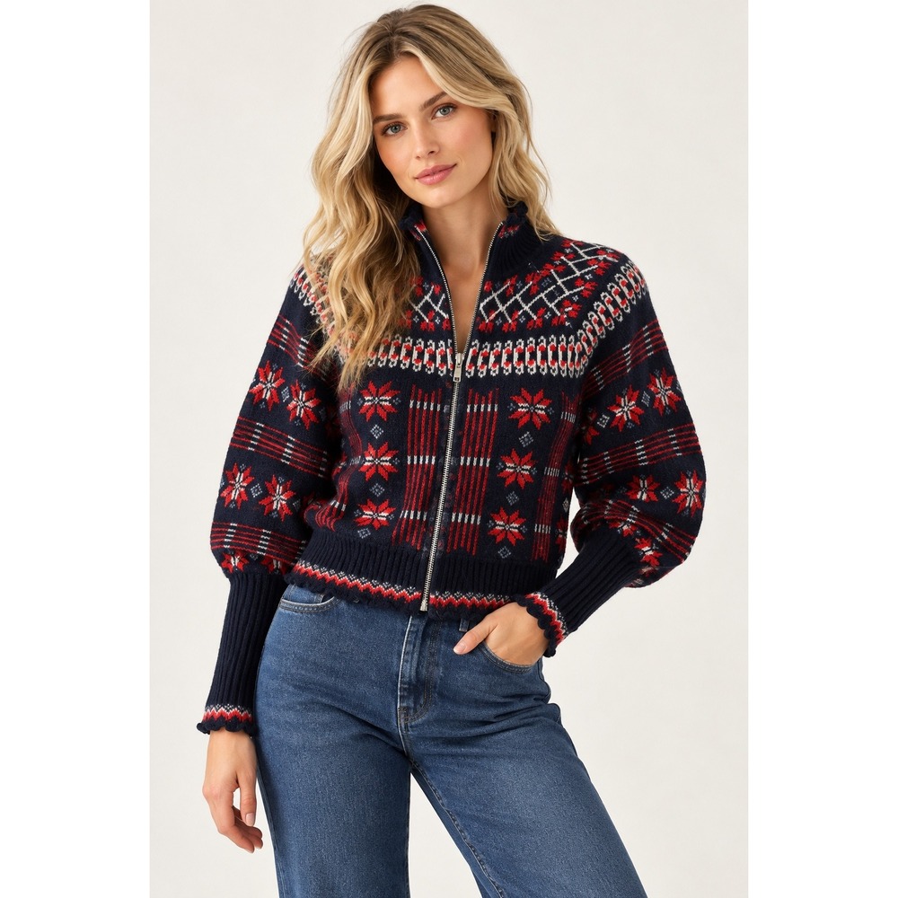 House of Harlow 1960 Navy Blue Fair Isle Zip Up Puff Sleeve Sweater Small